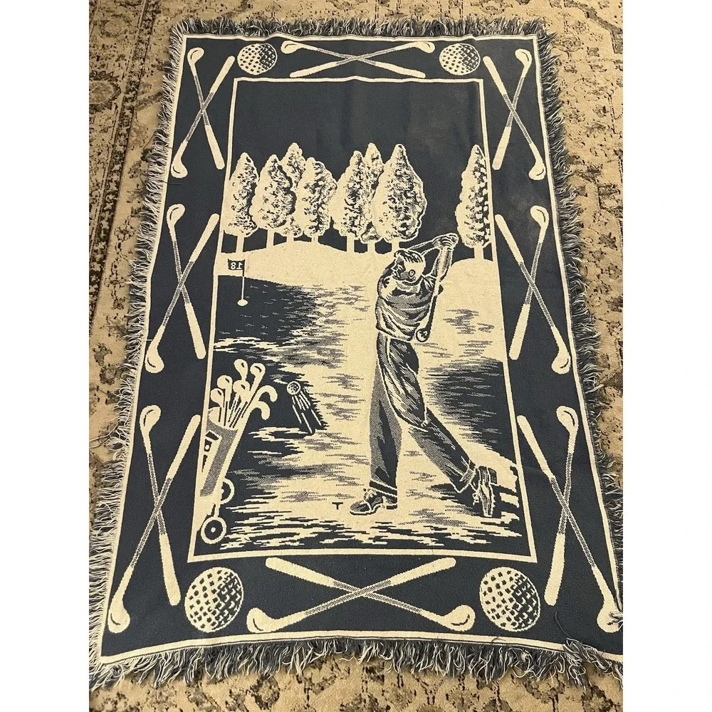 VTG Country Classic Golf Tapestry Throw Blanket Fringe Plaid Sports Decor